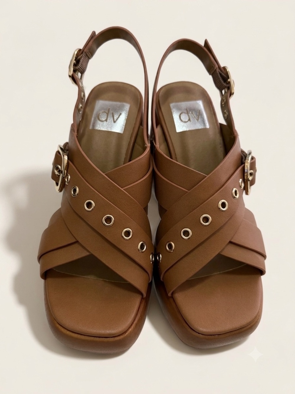 DV Dolce Vita Brown Cross-Strap Platform Block Heel Wood Sandals Buckle Cognac 6 - Picture 2 of 10